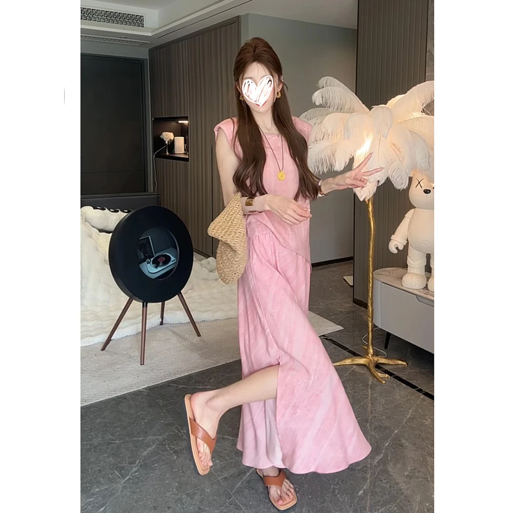 夏季休闲时尚套装圆领无袖绑带收腰显瘦半身长裙两件套洋气衣服女