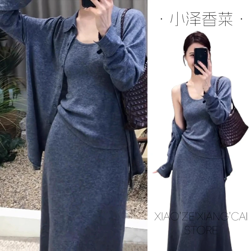 2025超火ootd穿搭一整套初早秋季女装灰色针织开衫半身裙三件套装