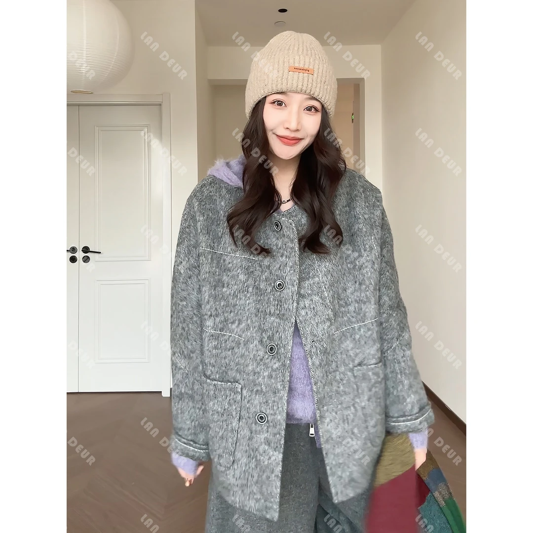 【樱木雨晴】羊毛兔毛桑蚕丝双面呢大衣气质老钱风宽松毛呢外套女