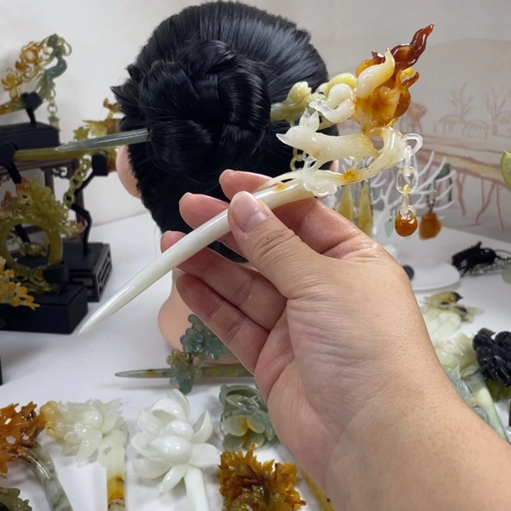 流***年岫玉未镶嵌发饰发簪