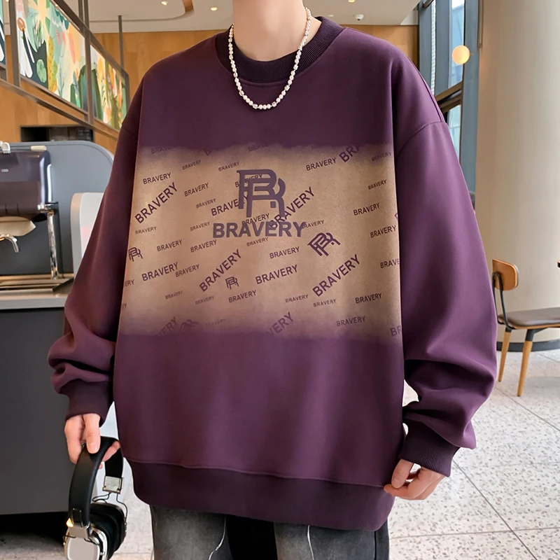 渐变无帽卫衣男春秋款潮牌帅气学生长袖t恤休闲宽松上衣美式外套