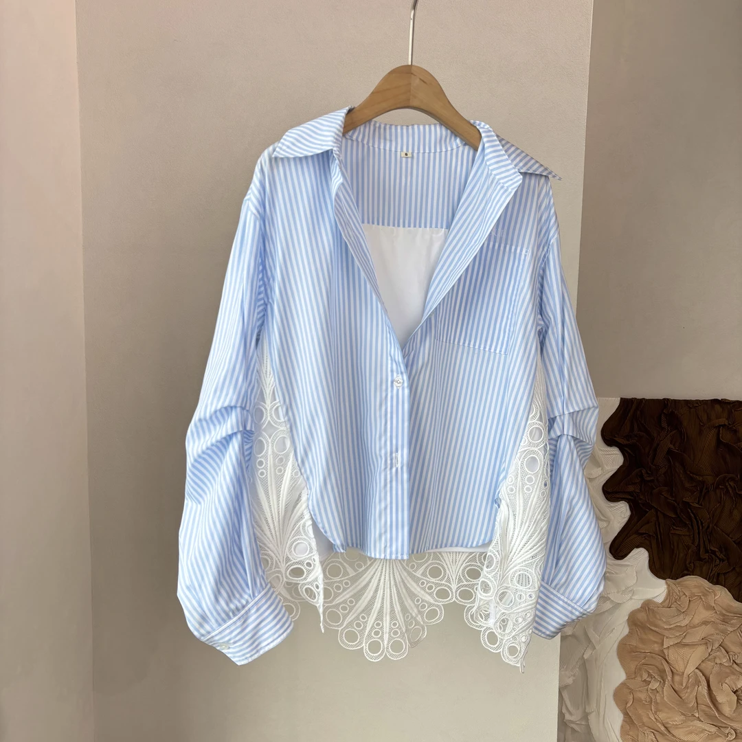 CSY4940 美国客人订单 拼接镂空条纹孔雀花边衬衫