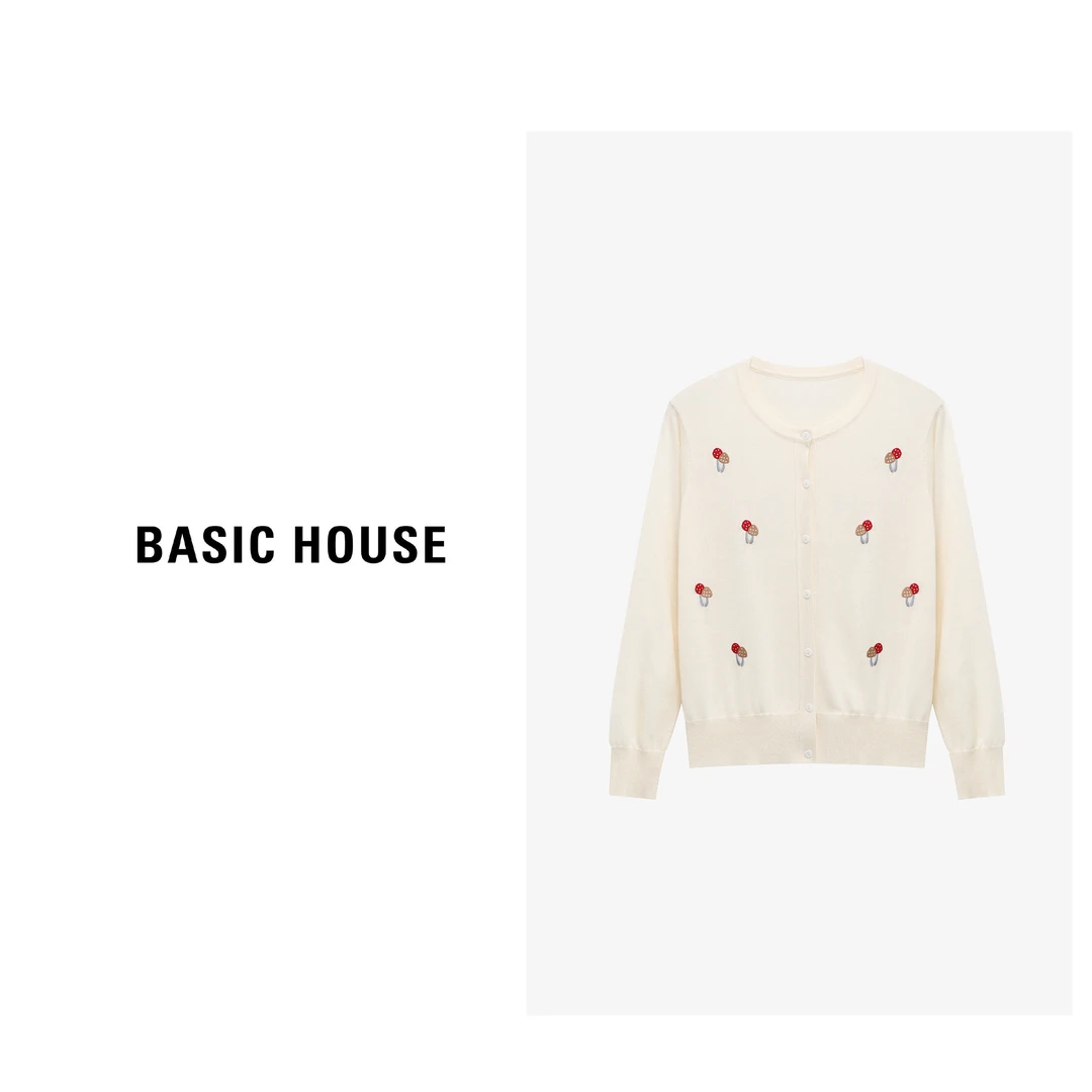 Basic House/百家好新款时尚刺绣蘑菇圆领显瘦针织衫-B0625B5IMD2