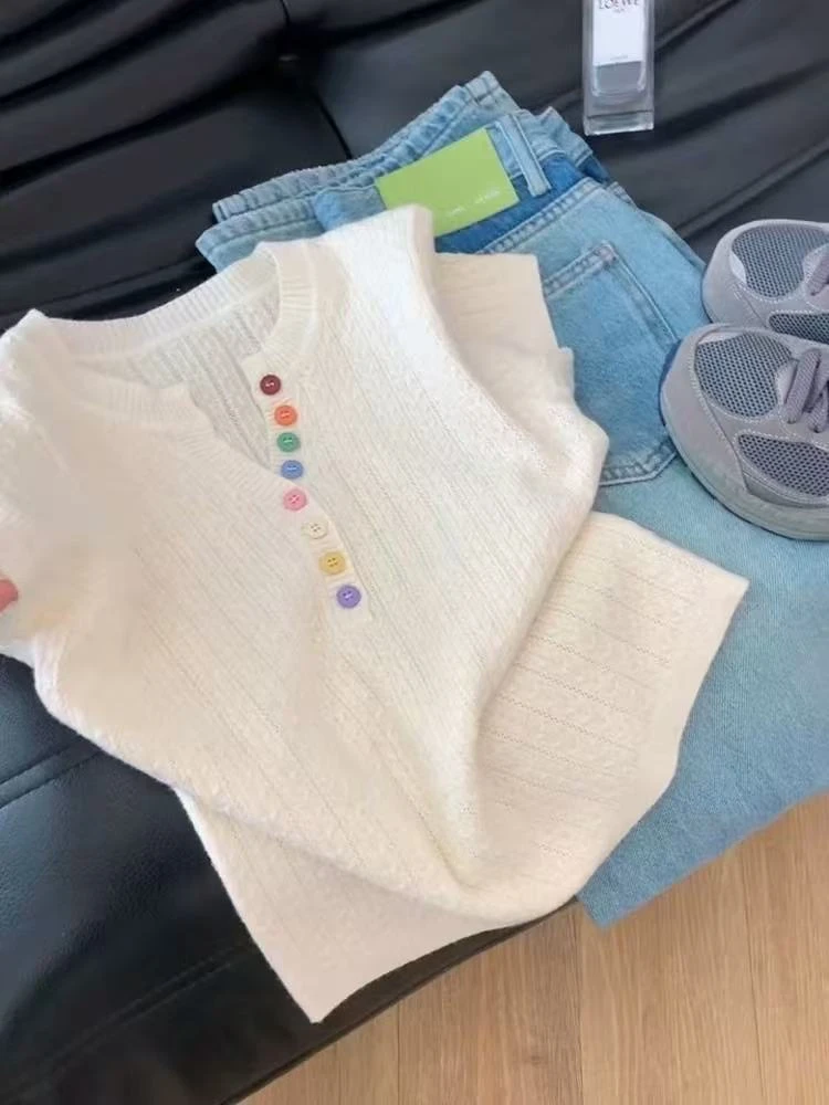 夏季打底衫百搭宽松时尚网红套头街头风薄款毛针织衫短袖显瘦