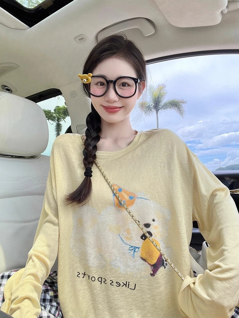韩系奶黄色卡通小狗雪花棉上衣女夏季宽松休闲防晒长袖罩衫T恤ins