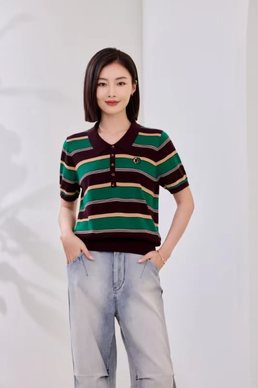 天丝莱赛尔女针织衫翻领短袖条纹夏季舒适上衣73212