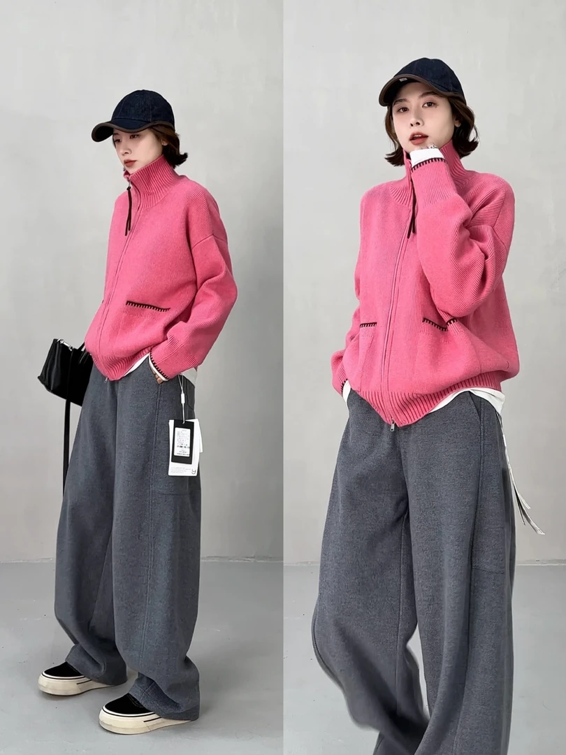 YYOUHAN 2025秋冬新款【旧港】双拉链立领休闲宽松针织衫 2509C6089