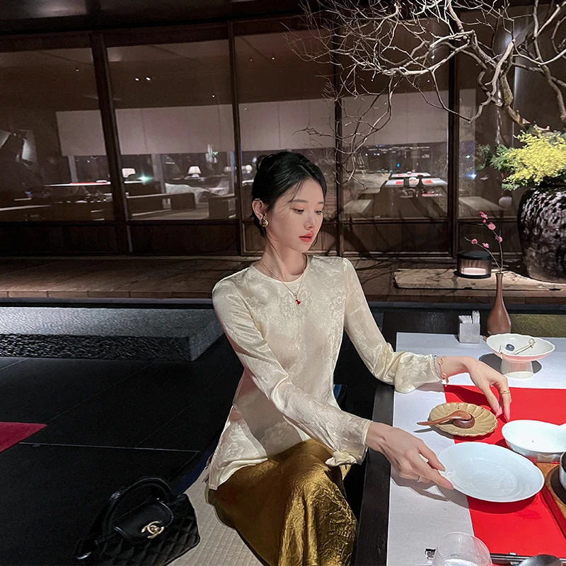 高端醋酸提花长袖衫女2025春季新款中式外穿缎面轻奢显瘦百搭上衣