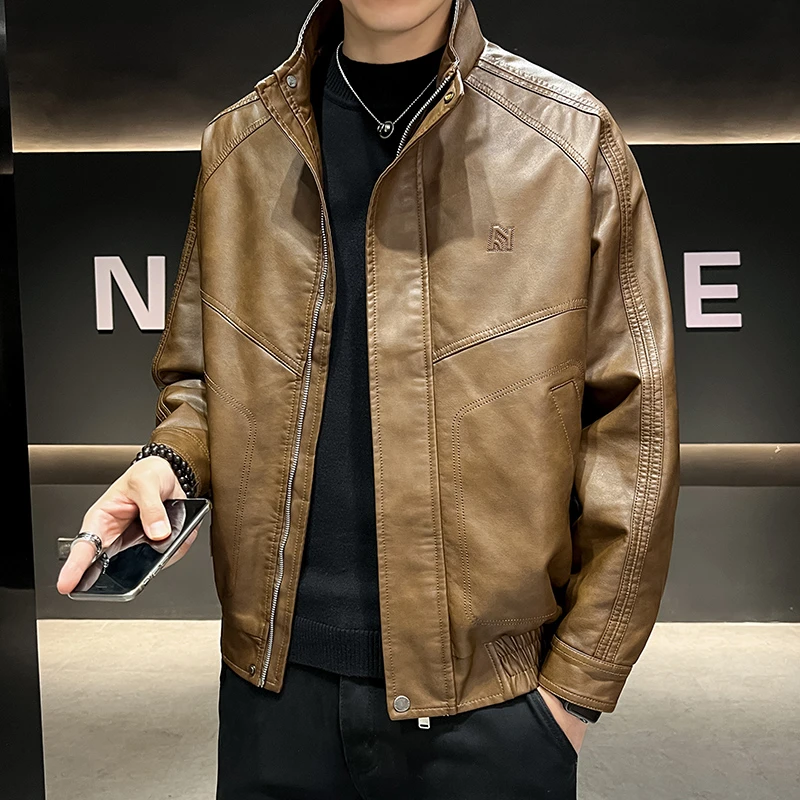 高品质男士皮衣外套2025秋季新款美式复古时尚休闲高端立领皮夹克