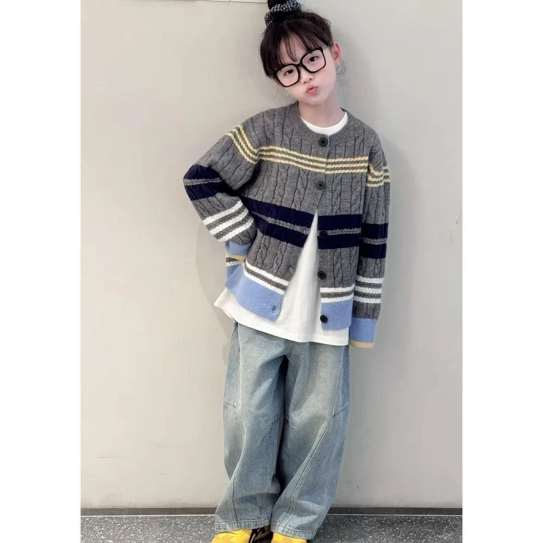 【软嘟嘟】女童秋款条纹毛衣撞色开衫百搭童装长袖毛衣DH0232