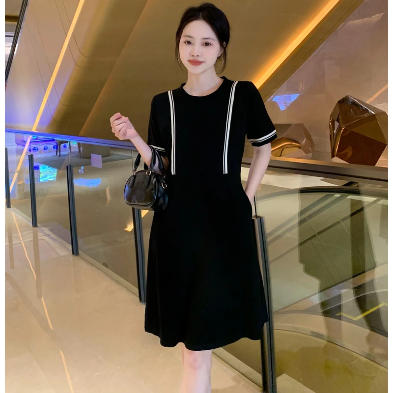 【韩墨墨】2025夏装大码胖mm显瘦休闲时尚黑色连衣裙女#891