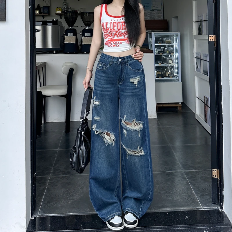 美式复古破洞阔腿牛仔裤女2025秋季设计感高腰宽松垂感直筒拖地裤