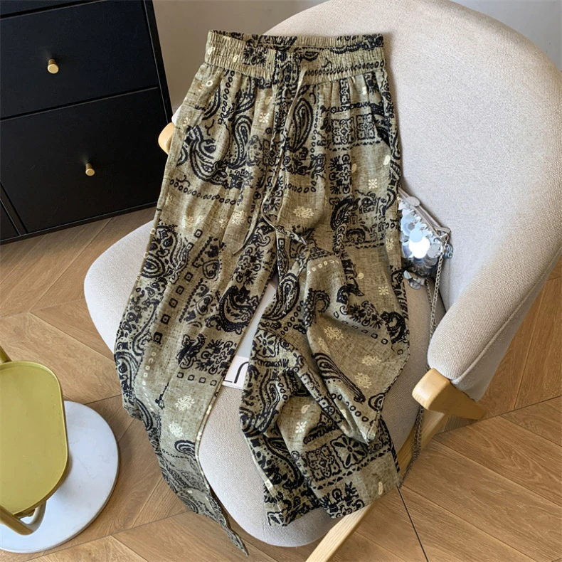 复古印花雪纺阔腿裤女夏季薄款透气高腰宽松梨形遮肉休闲直筒长裤