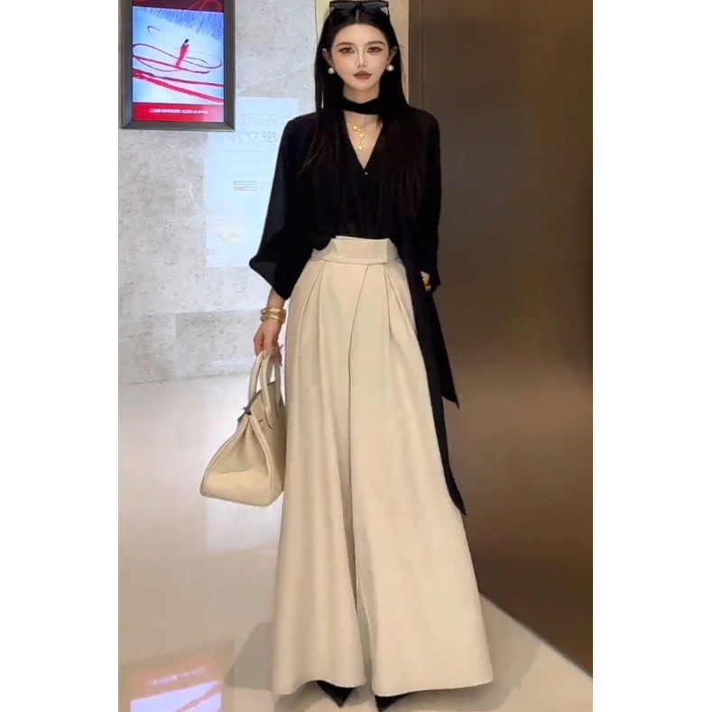 时髦大女主春夏新款黑色百搭长袖丝滑飘带衬衫米色阔腿裤气质套装
