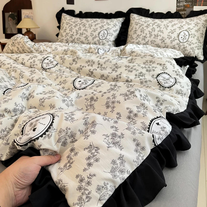 2025新款法式赫本风水洗棉花边四件套