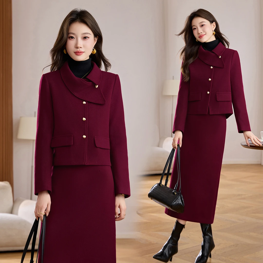 小香风夹棉毛呢套装裙女2025秋冬新款搭配一整套外套半身裙两件套
