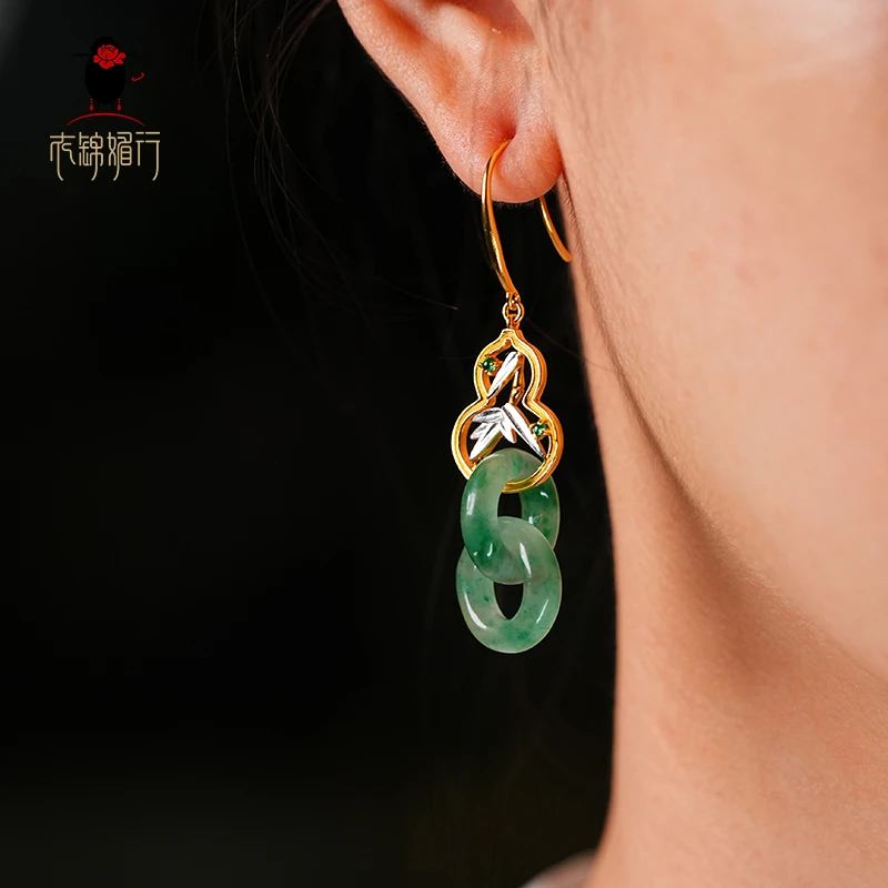 925银耳饰 玉连环 925银镀金石英岩耳环 E308