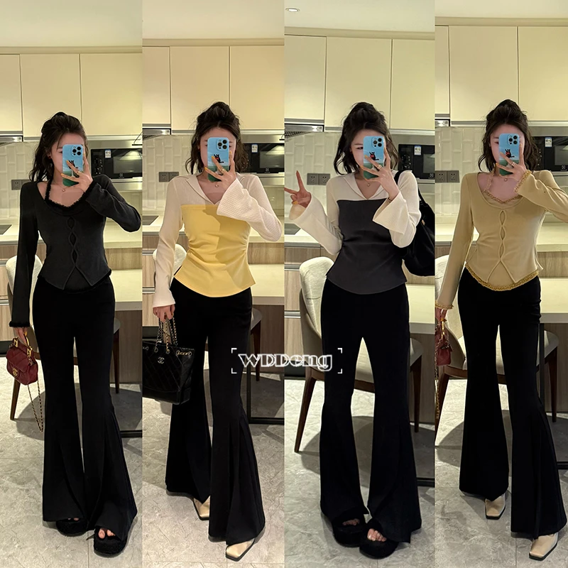 王等等【腿精时刻】早春高弹时尚显瘦打褶微喇针织裤U224K21103