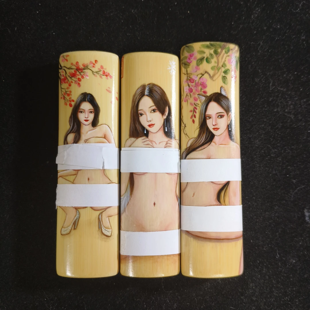 纯手工手绘美女性感清凉款狐狸精猫女支持定制重彩封釉实心竹盘玩