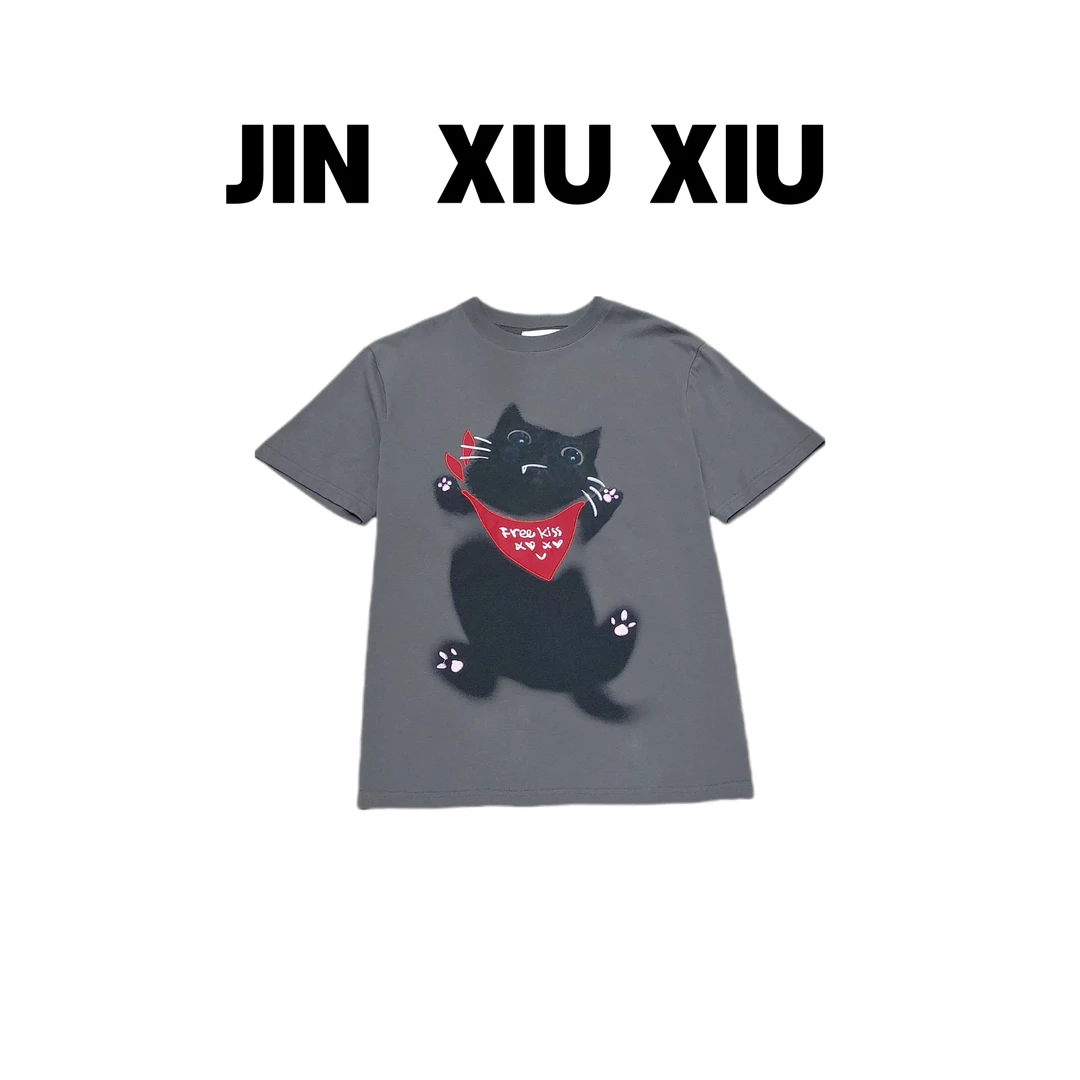 JINXIUXIU夏季新款趣味小猫印花韩系甜美短袖168