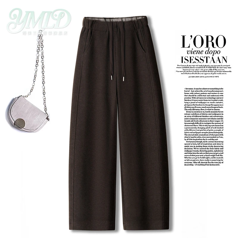 羊毛呢弯刀阔腿裤女2026秋冬季新款松紧高腰显瘦直筒保暖休闲裤子