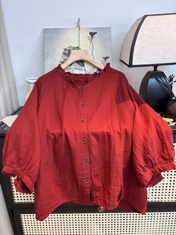 染禧文艺简约轻薄木耳边立领短袖白衬衫2025夏季新款