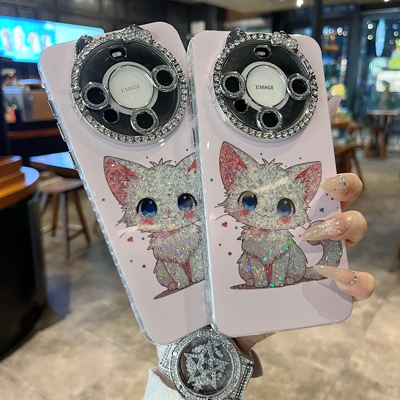 适用华为mate系列苹果新款手机壳粉底精灵猫咪猫咪镜头膜一体钻框