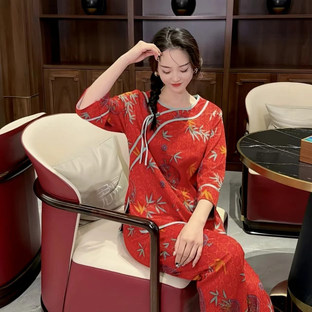 新款中国风家居服睡衣套装弹力舒适红色气质时尚设计师圆领可外穿