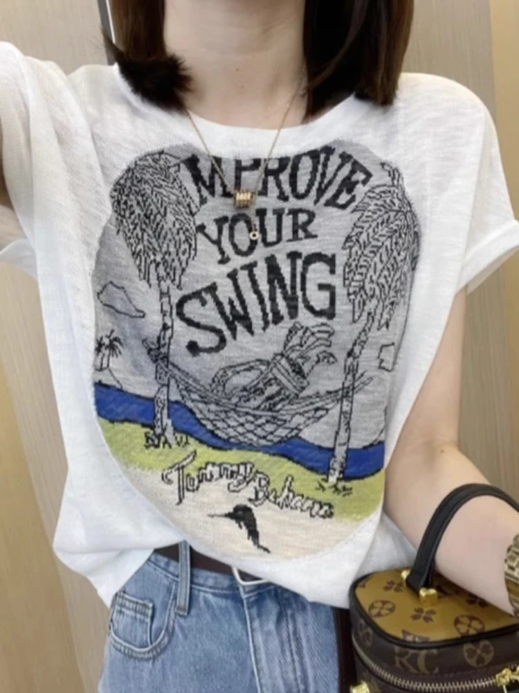 新款夏季薄款冰丝针织短袖女2025设计感洋气字母印花T恤百搭上衣