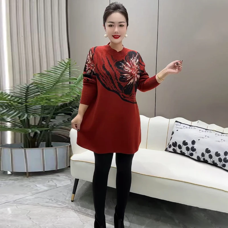 中年妈妈装时尚洋气花朵针织大版衫宽松遮肚子中长款打底毛衣裙女