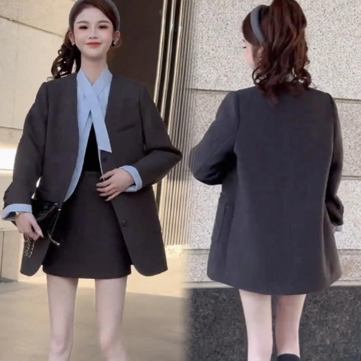 时尚套装女冬季新款洋气衬衫拼接西装假两件外套高腰半身裙两件套