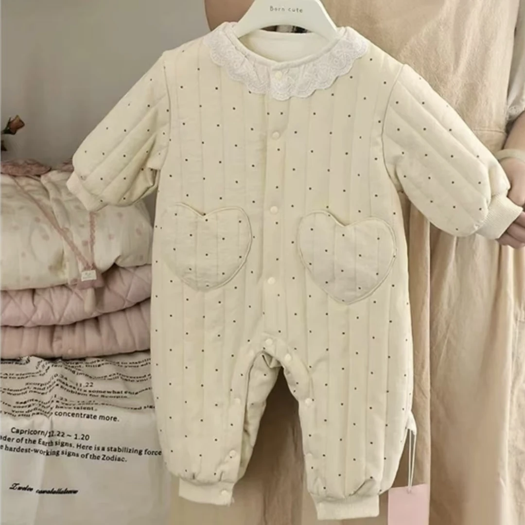 爱心兜兜花边领婴幼儿连身衣长爬冬季夹棉宝宝爬服棉衣婴儿棉服