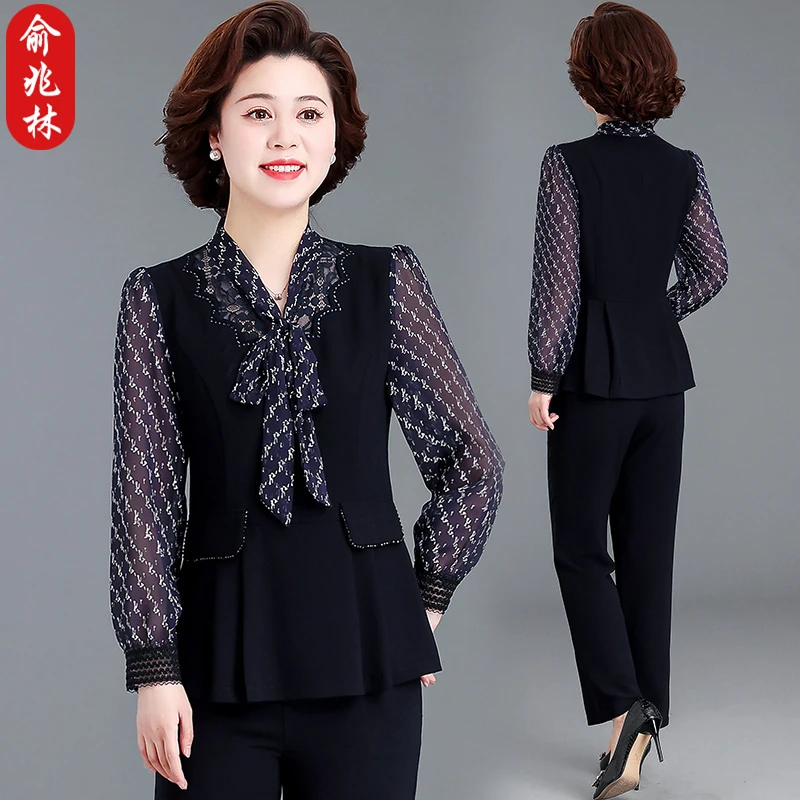 俞兆林中老年人女装春夏季新款气质雪纺小衫套装洋气妈妈时尚上衣