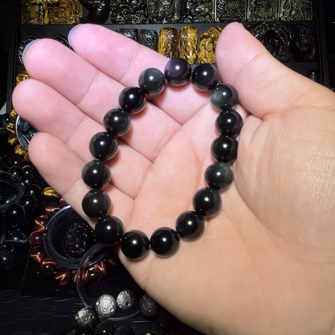 未镶嵌黑曜岩手链?***天然彩虹眼黑曜石12m