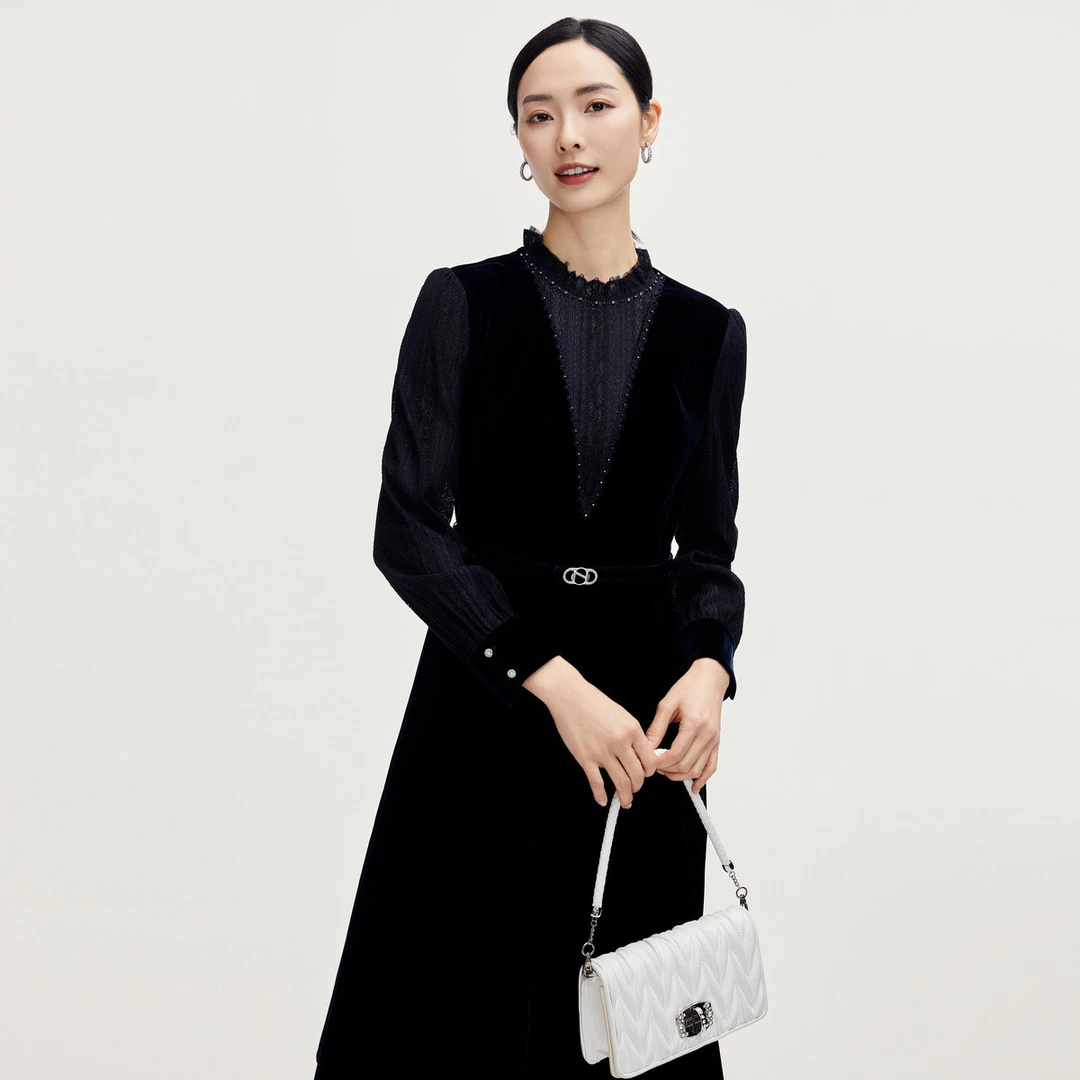 【婷婷专属】【流光丝绒】25年秋季新款女时尚丝滑绒感拼色连衣裙女