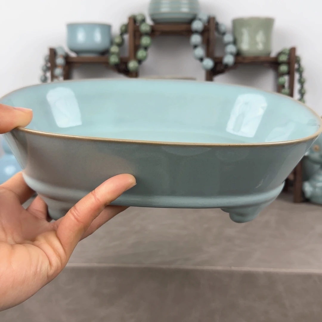 瓷片汝窑水仙盆天青色支钉烧微瑕