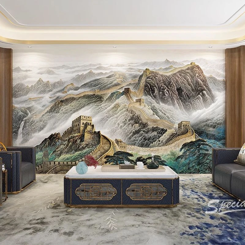 千里江山万里长城山水画背景靠山挂画动态电视背景墙客厅壁画