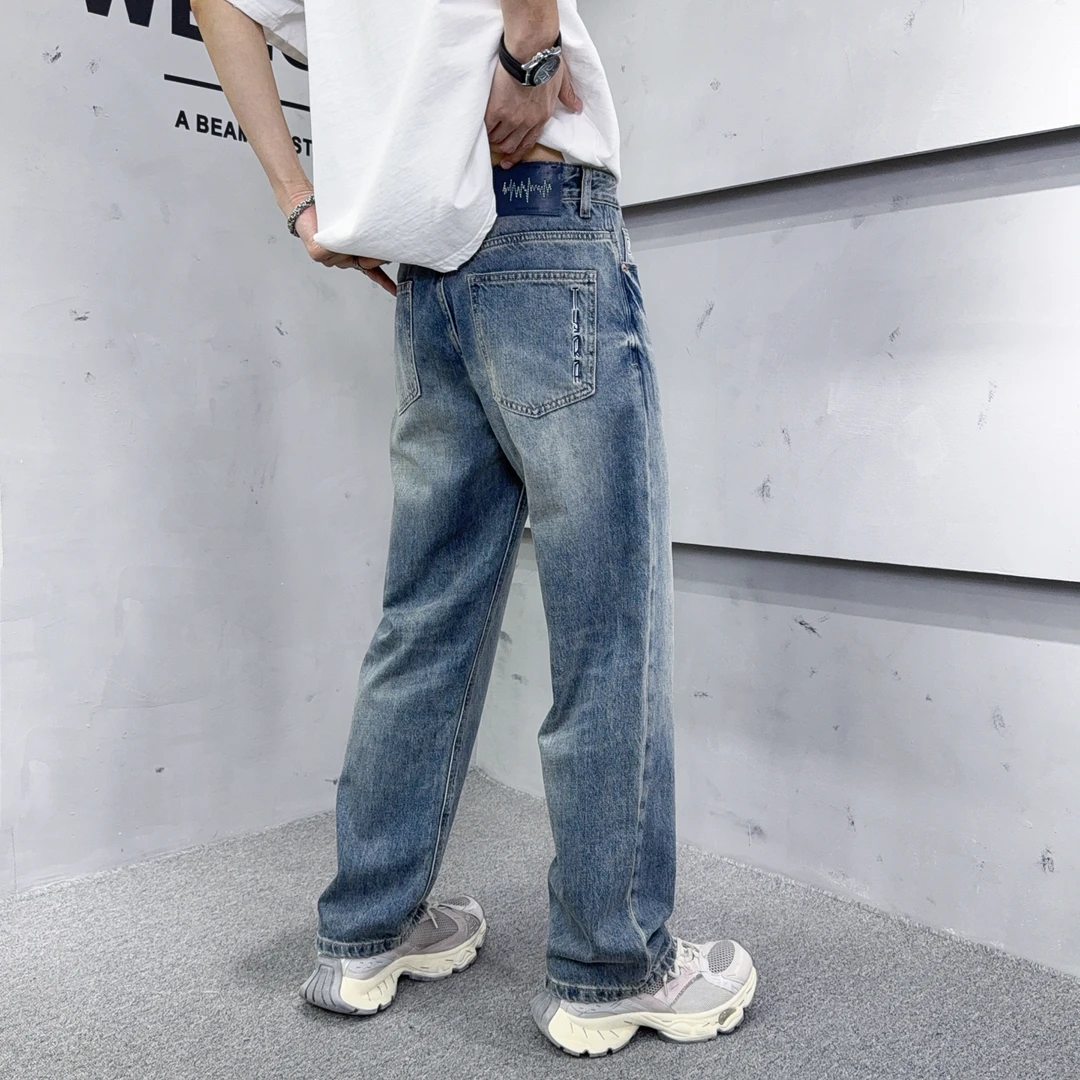 水洗美式直筒牛仔裤男破洞宽松百搭高端刺绣复古蓝痞帅秋季阔腿裤