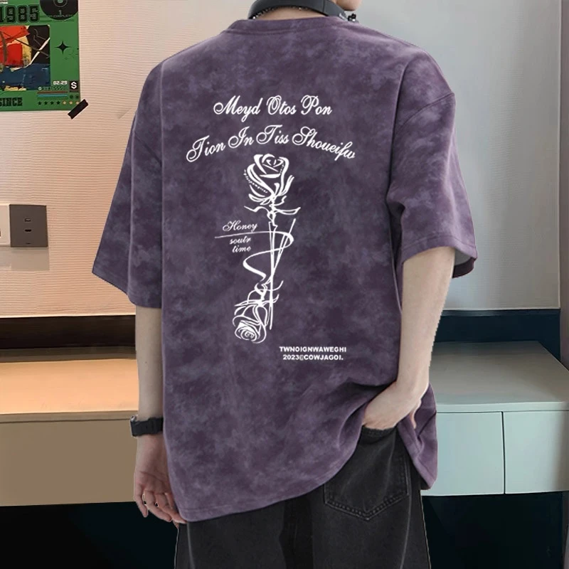 扎染纯棉短袖t恤胖男生宽松大码上衣美式潮牌痞帅休闲情侣半截袖