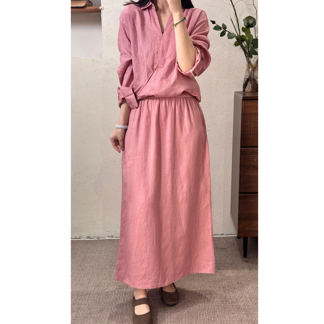 半自由新款百搭休闲亚麻简约文艺风系带设计上衣宽松半裙套装