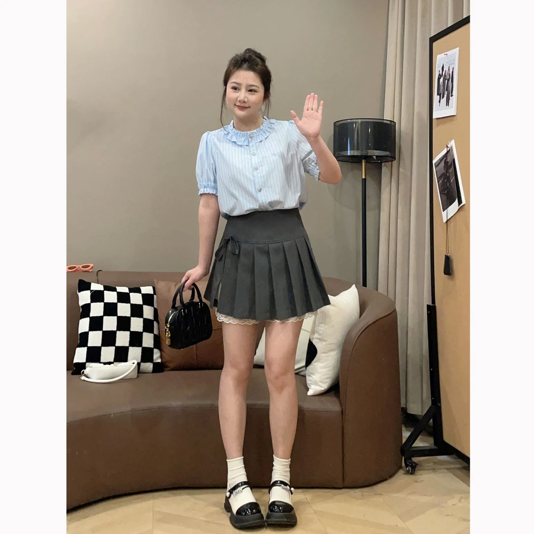 【清清价】轻职风条纹短袖衬衫高腰百褶半裙微胖显瘦P225A03449