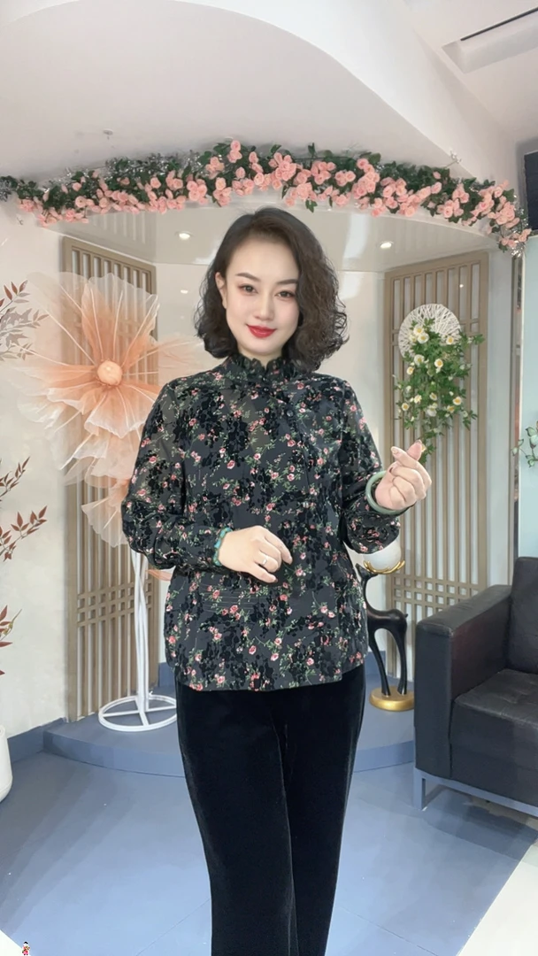 新中式国风植绒立体烧花高级感碎花木耳边盘扣立领斜扣衬衫802