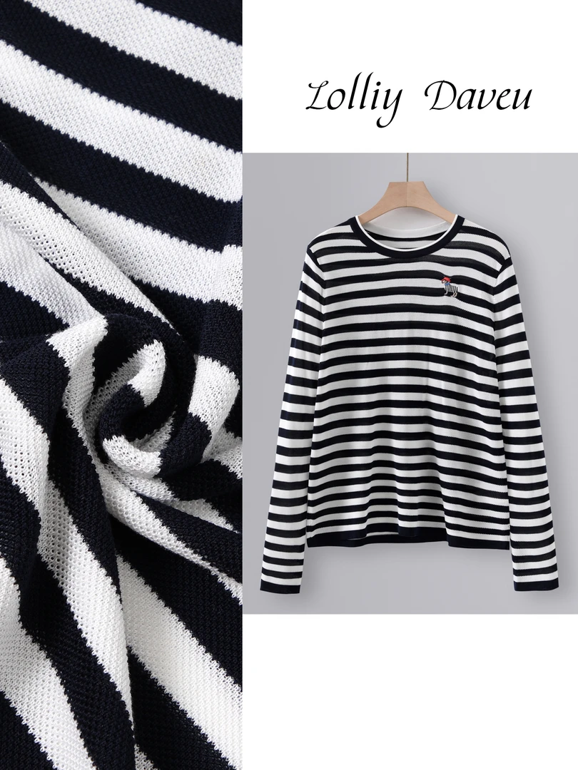 [爆款桑蚕丝】秋冬圆领条纹刺绣时尚减龄百搭宽松套头长袖针织衫