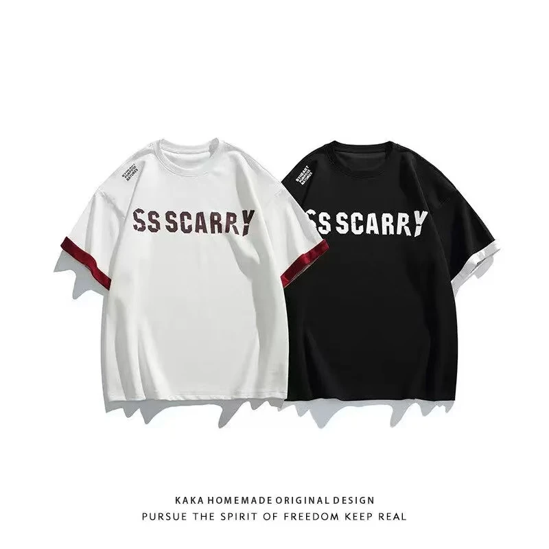 潮牌字母印花卷边短袖T恤男女夏季街头情侣宽松半袖体恤-3212