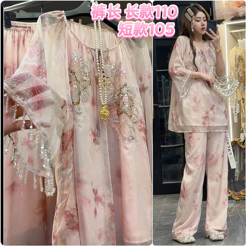 【梦幻花园】63093水花朵晕染流苏袖子上衣+阔腿裤两件套