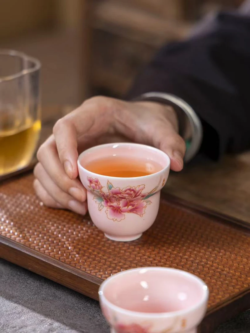 牡丹葫芦粉色中式高级主人陶瓷杯耐摔功夫茶具