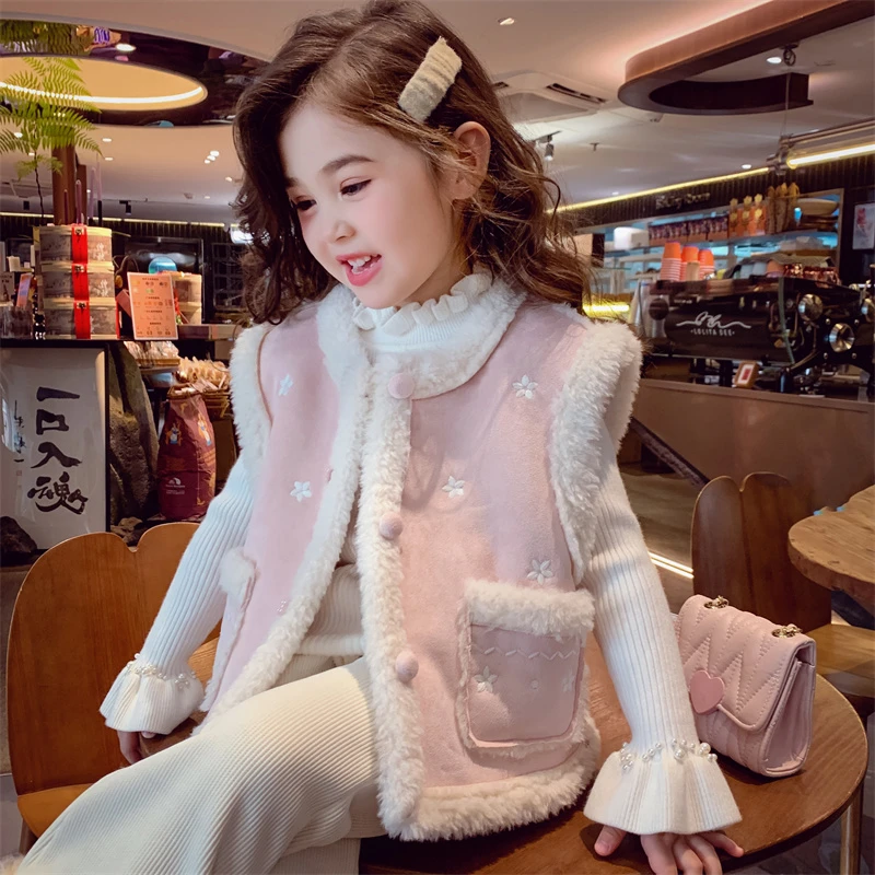 女童仿羊羔绒马甲冬装2025新款儿童皮草外套女孩保暖洋气坎肩背心