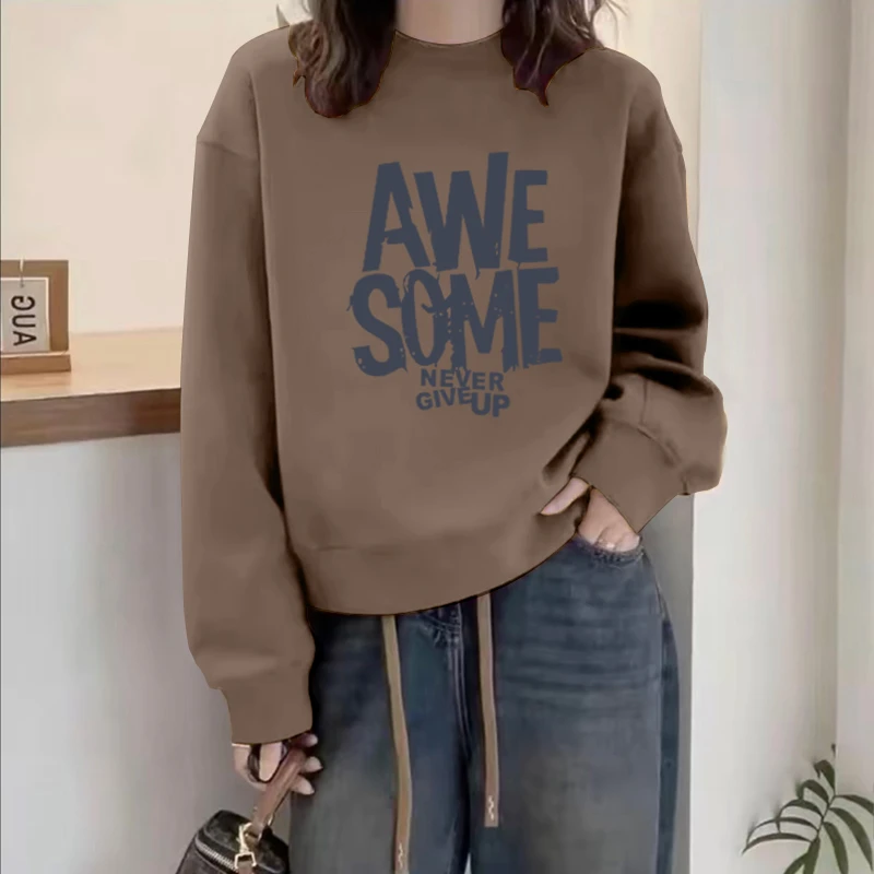 多巴胺圆领套头打底衫加绒加厚卫衣女2025春秋季新款宽松韩版外套