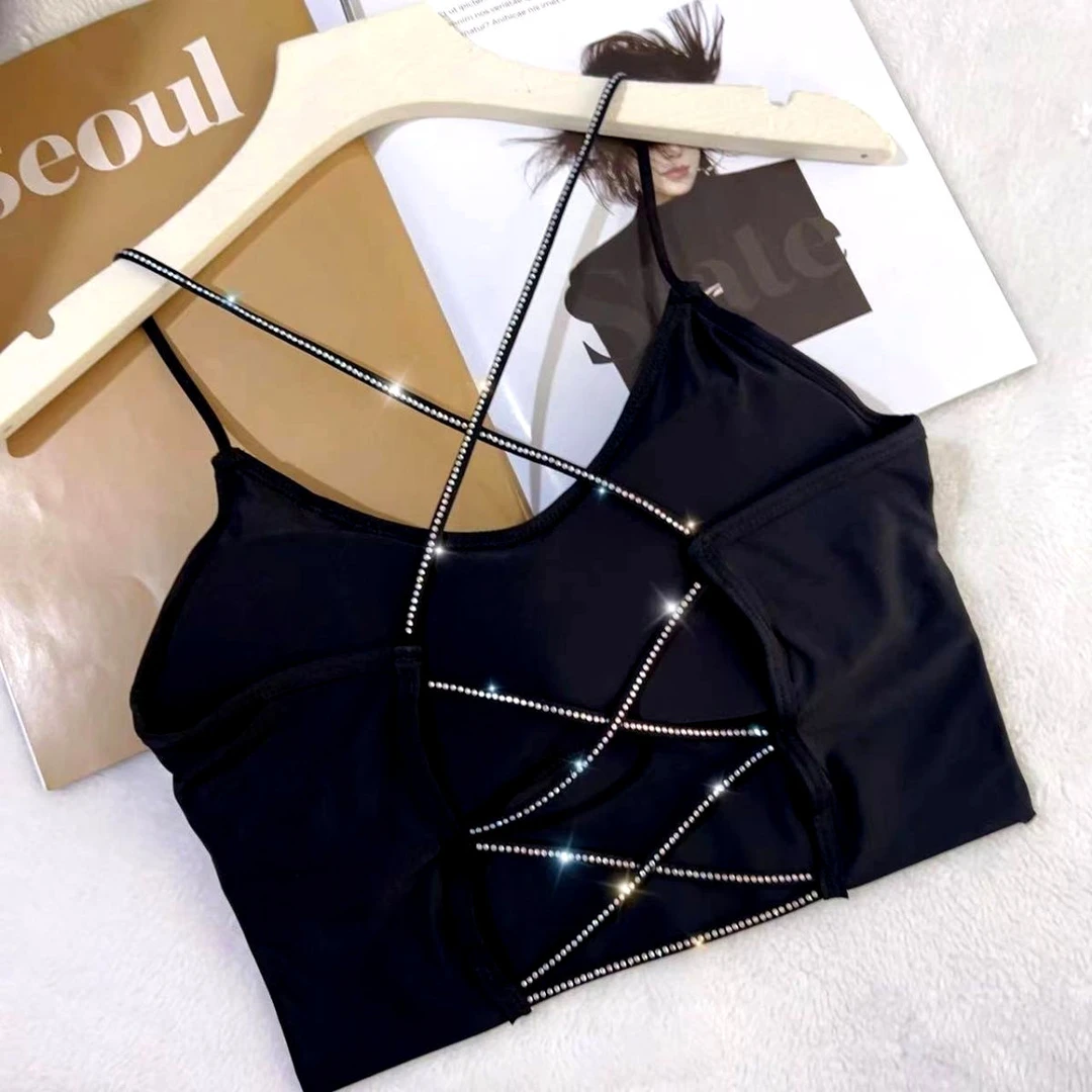 闪钻冰丝细带抹胸内衣吊带背心胸垫聚拢防走光裹胸亮钻镶钻小美背