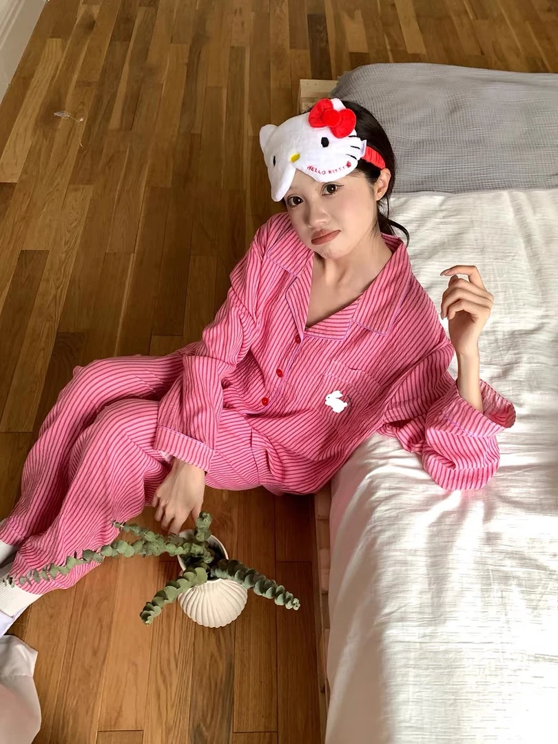 可爱卡通条纹睡衣女春秋季宽松长袖长裤开衫柔软舒适家居服套装